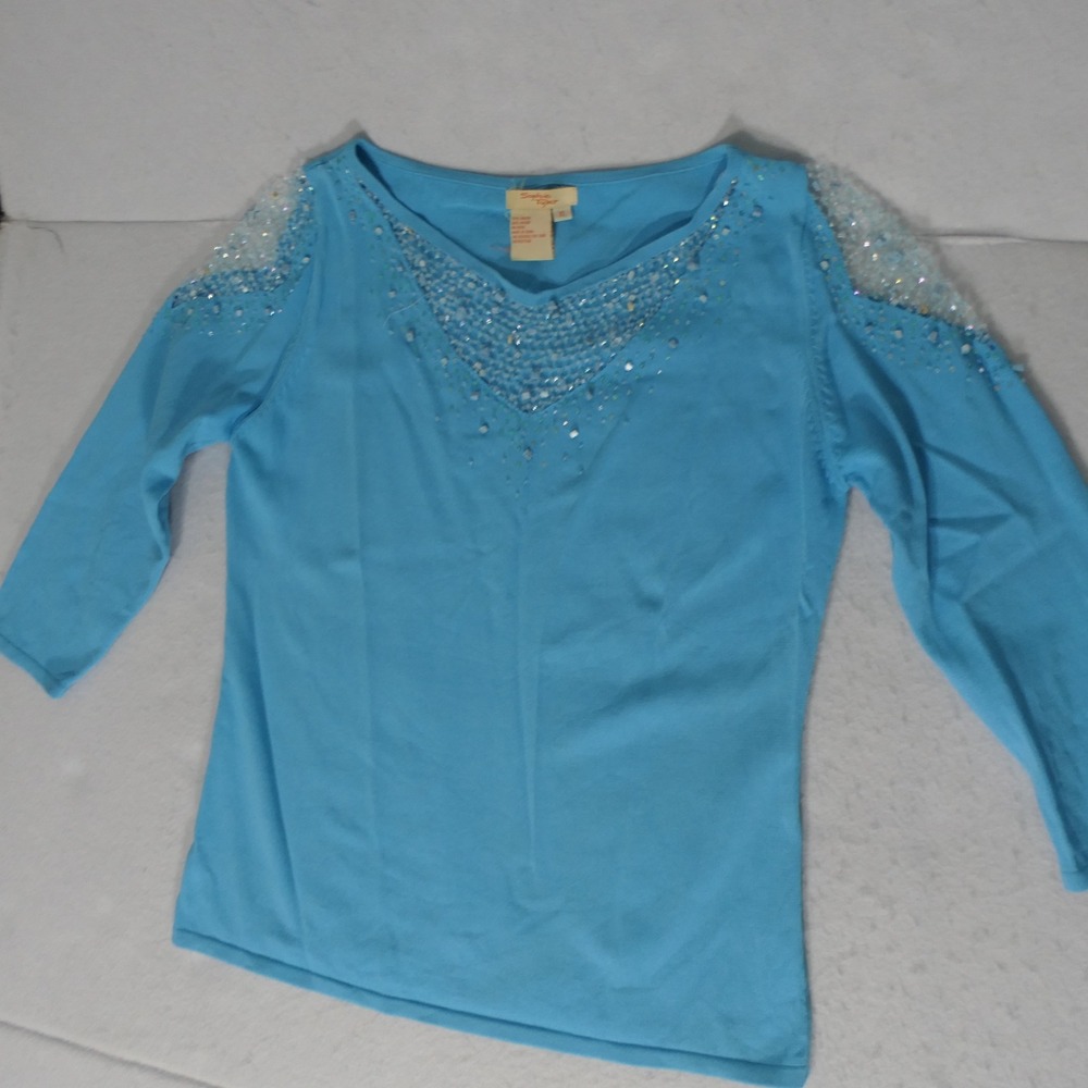 Sophie Tyler Womens Sweater XL Blue Cold Shoulder Beaded Y2K Glam Mermaid Sequin